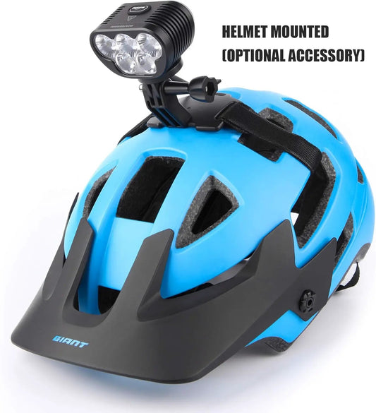 Giant blue bicycle helmet with a front-mounted four-LED light on a helmet mount on Tampa Home & Garden Store