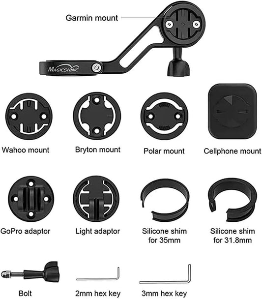 Magicshine Out Front Mount for Garmin and Wahoo, black aluminum arm with adapters and shims on Tampa Home & Garden Store
