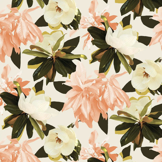 Wallpaper Magnolia Coral by Samantha Santana Creative coral blooms, white petals, greens on cream on Tampa Home & Garden Store