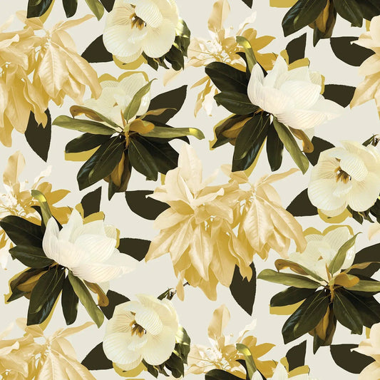 Magnolia wallpaper in mustard featuring pale blooms and green leaves by Samantha Santana on Tampa Home & Garden Store