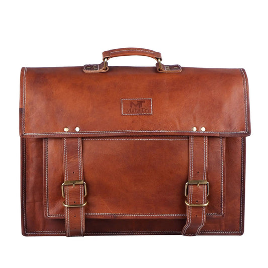 MaheTri Big Pocket Leather Messenger Bag brown leather with brass buckles on Tampa Home & Garden Store