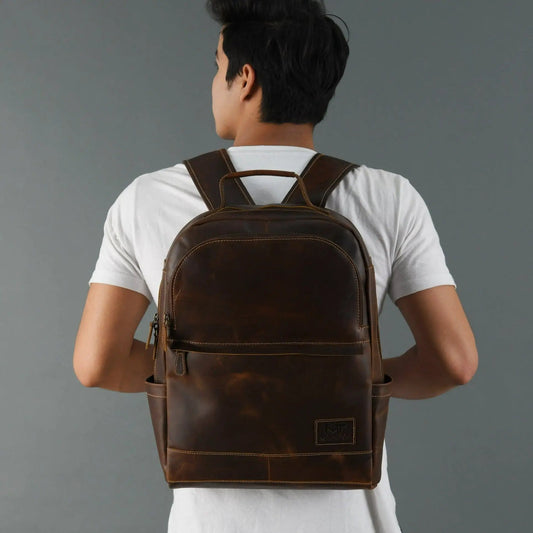 MaheTri Cambridge Buffalo Leather Backpack brown buffalo leather with top handle and stitching on Tampa Home & Garden Store