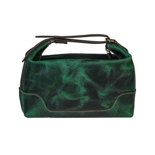 MaheTri Emerald Leather Toiletry Bag emerald green leather with brown strap accents on Tampa Home & Garden Store