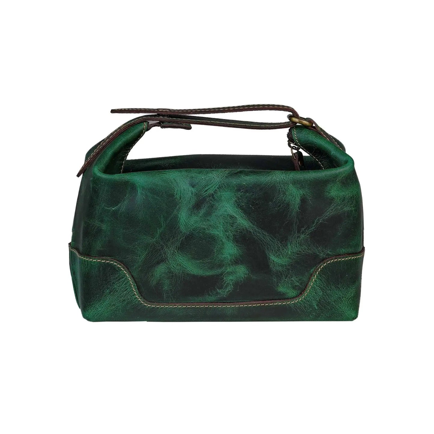 MaheTri Emerald Leather Toiletry Bag emerald green leather with brown strap on Tampa Home & Garden Store