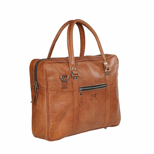 MaheTri Executive Leather Briefcase tan brown leather with top handles and front zip pocket on Tampa Home & Garden Store