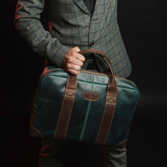 MaheTri Jefferson Leather Briefcase teal-green leather with brown handles logo patch on Tampa Home & Garden Store