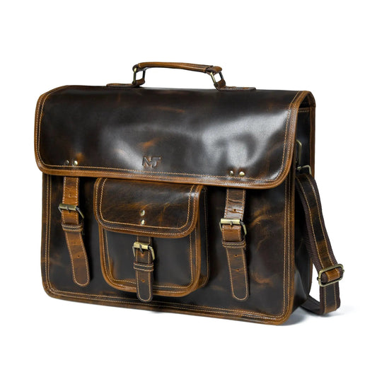 MaheTri Old School Buffalo Leather Satchel dark brown leather messenger bag with tan trim MT logo on Tampa Home & Garden Store