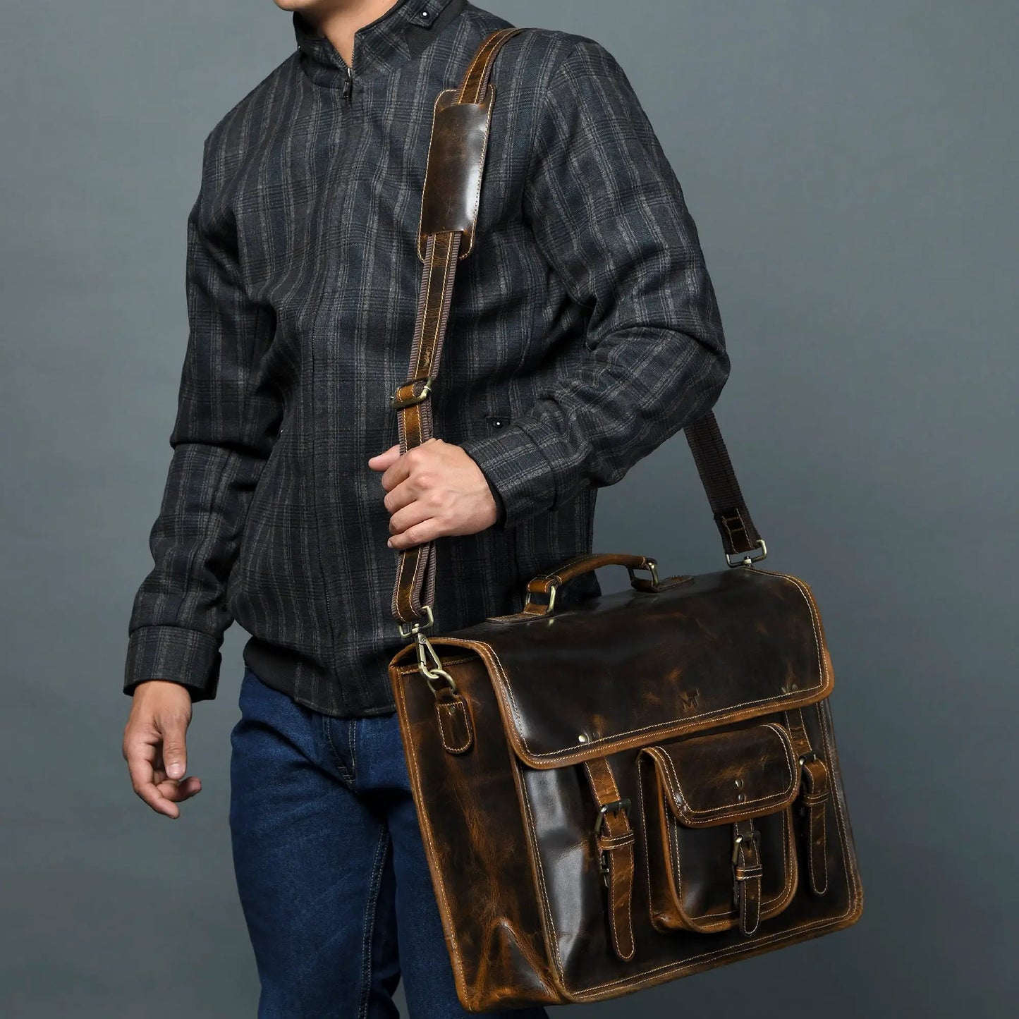 MaheTri Old School Buffalo Leather Satchel, dark brown leather messenger bag with brass hardware on Tampa Home & Garden Store