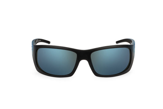 Outlaw Mahi Mahi sunglasses by Skeleton Optics, black frame with blue mirrored lenses on Tampa Home & Garden Store