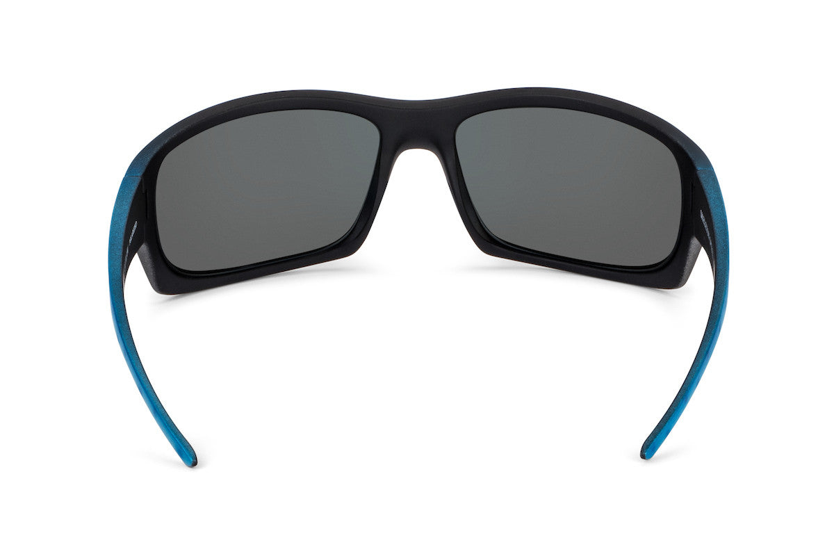 Outlaw Mahi Mahi sunglasses by Skeleton Optics, black frame with blue temples, gray lenses on Tampa Home & Garden Store
