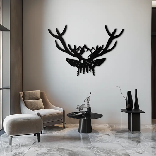 Majestic deer skull wall art with antlers in black metal, modern Enova Art KAF300 on Tampa Home & Garden Store