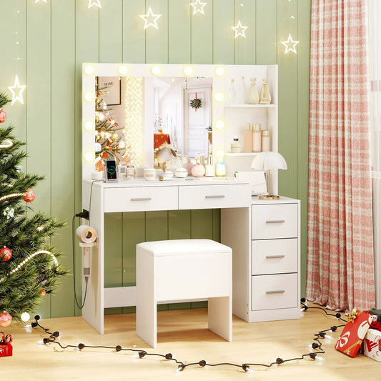 Makeup table and stool set with hair dryer stand, white finish vanity with lit mirror on Tampa Home & Garden Store