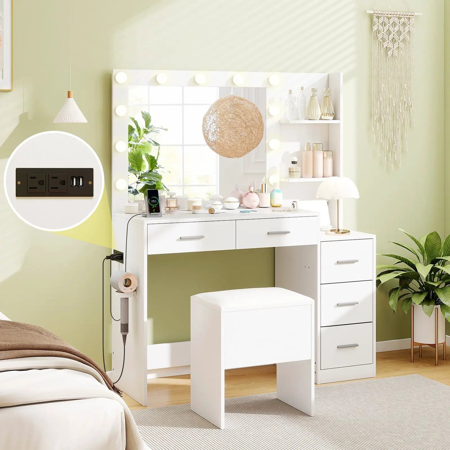 Makeup table and stool vanity set with hair dryer stand, white finish DirectDeals on Tampa Home & Garden Store