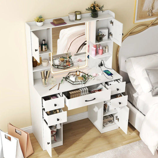 Makeup vanity desk with lighted mirror and charging station in white, drawers DirectDeals on Tampa Home & Garden Store