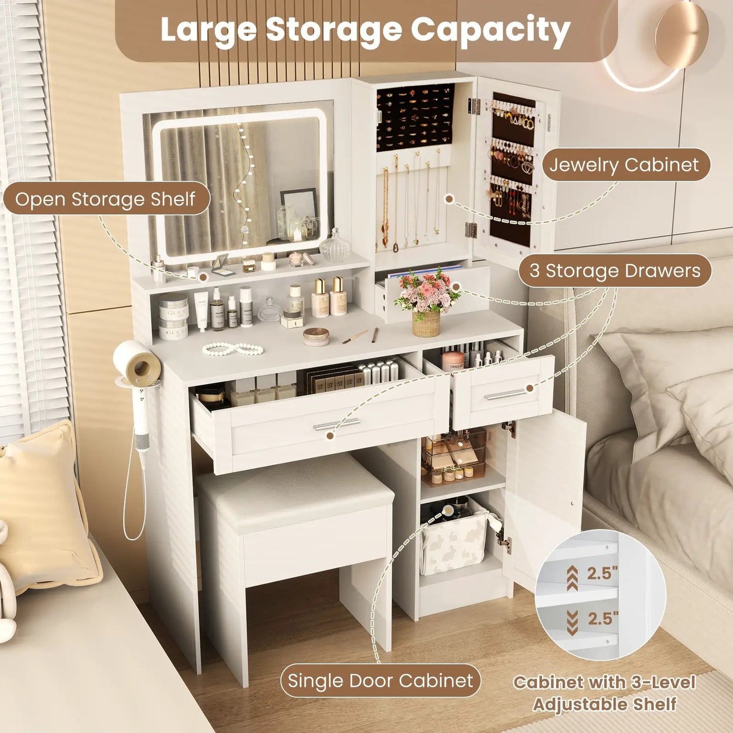 Makeup Vanity Desk with Mirror and Lights Dressing Table and Stool Set-White - Tampa Home & Garden Store