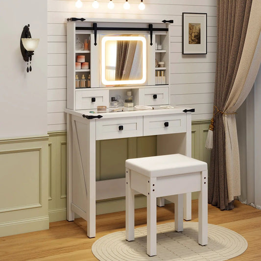Makeup vanity desk with LED square mirror, white finish, open shelves and stool on Tampa Home & Garden Store