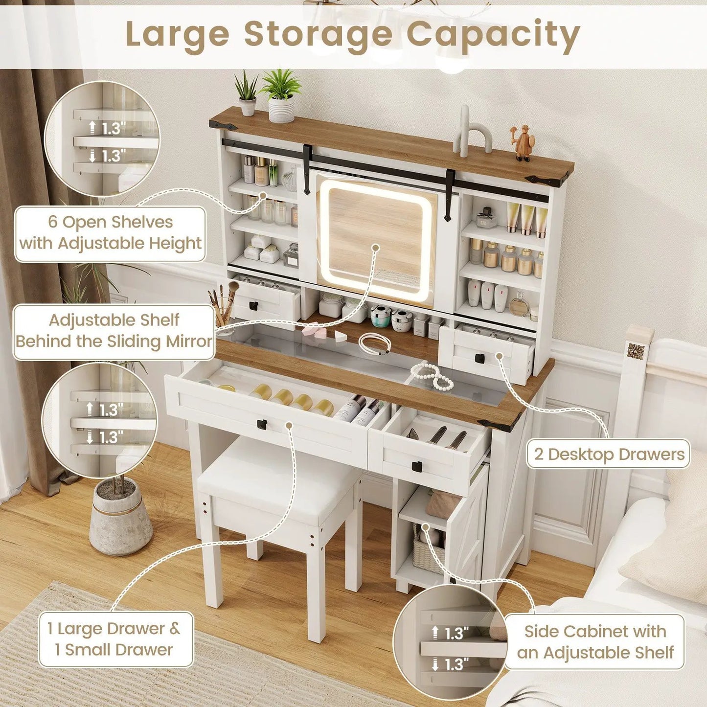 Makeup Vanity Desk with Mirror and 3-Color Dimmable LED Lights-White - Tampa Home & Garden Store