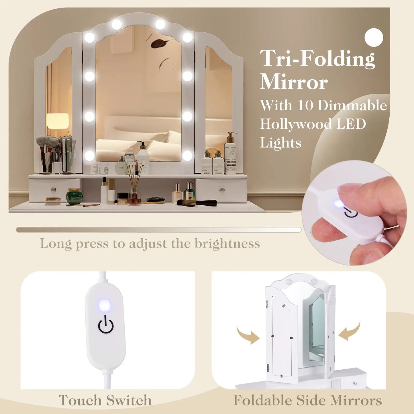 White makeup vanity table set with lighted tri-fold mirror and drawers on Tampa Home & Garden Store