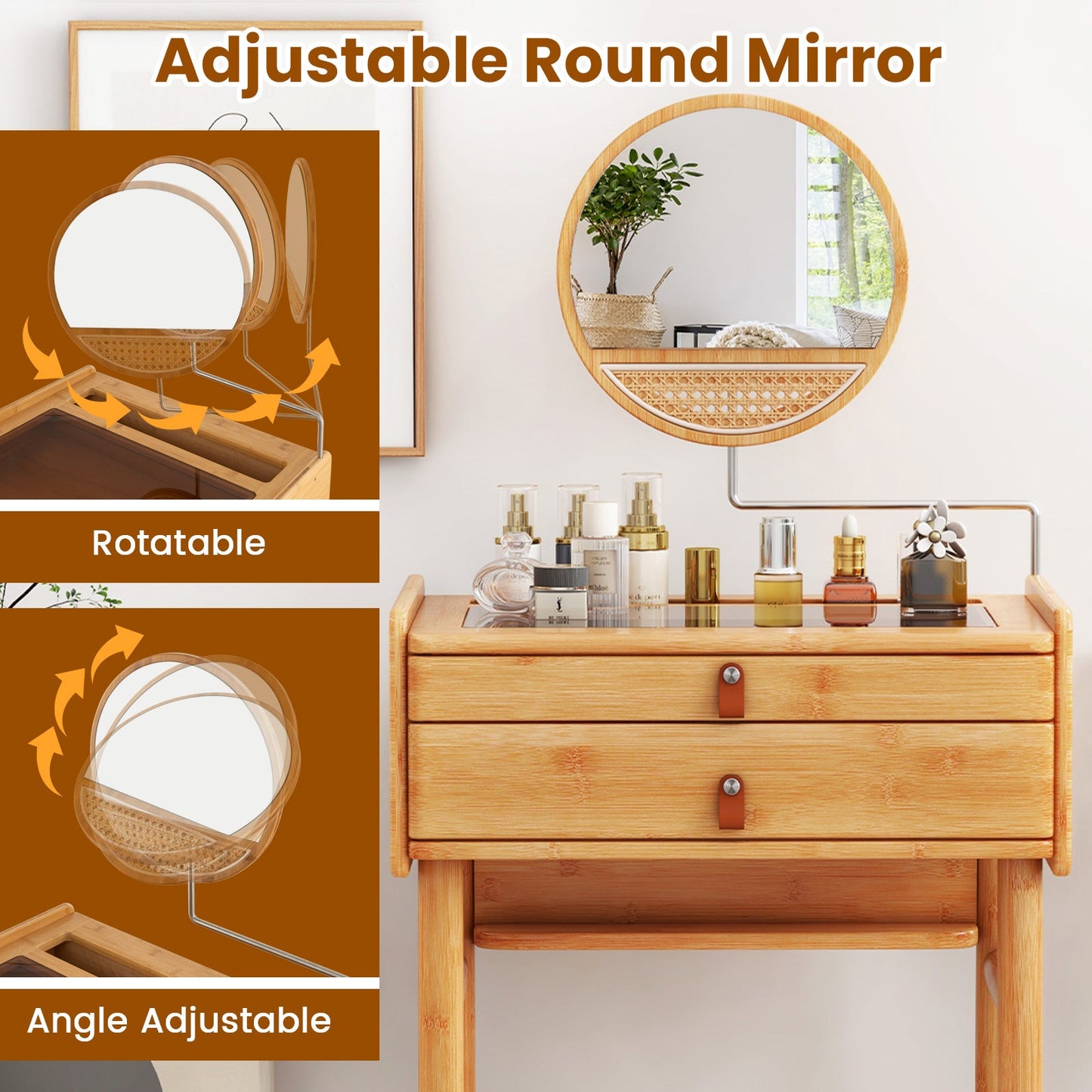 Bamboo makeup vanity table with round adjustable mirror and 2 drawers, natural finish on Tampa Home & Garden Store