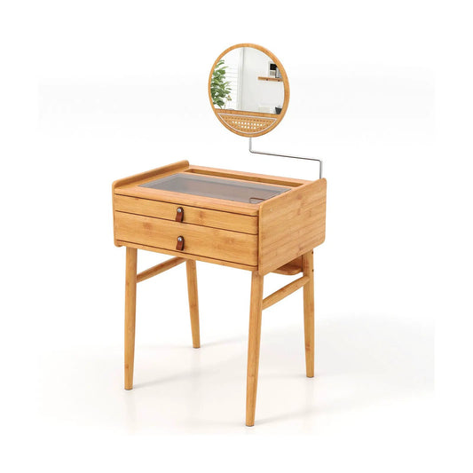 Bamboo makeup vanity table with round mirror and 2 drawers DirectDeals on Tampa Home & Garden Store