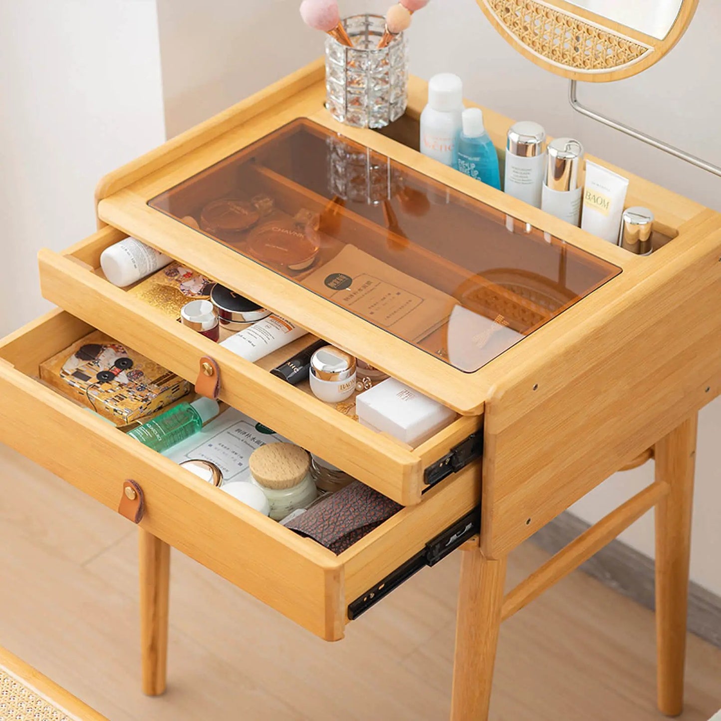 Rotating Mirror Bamboo Vanity Table with Stool in natural bamboo, glass top, and organized drawers on Tampa Home & Garden Store