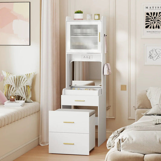 White makeup vanity with flip mirror, built-in outlets and jewelry drawer, gold hardware on Tampa Home & Garden Store