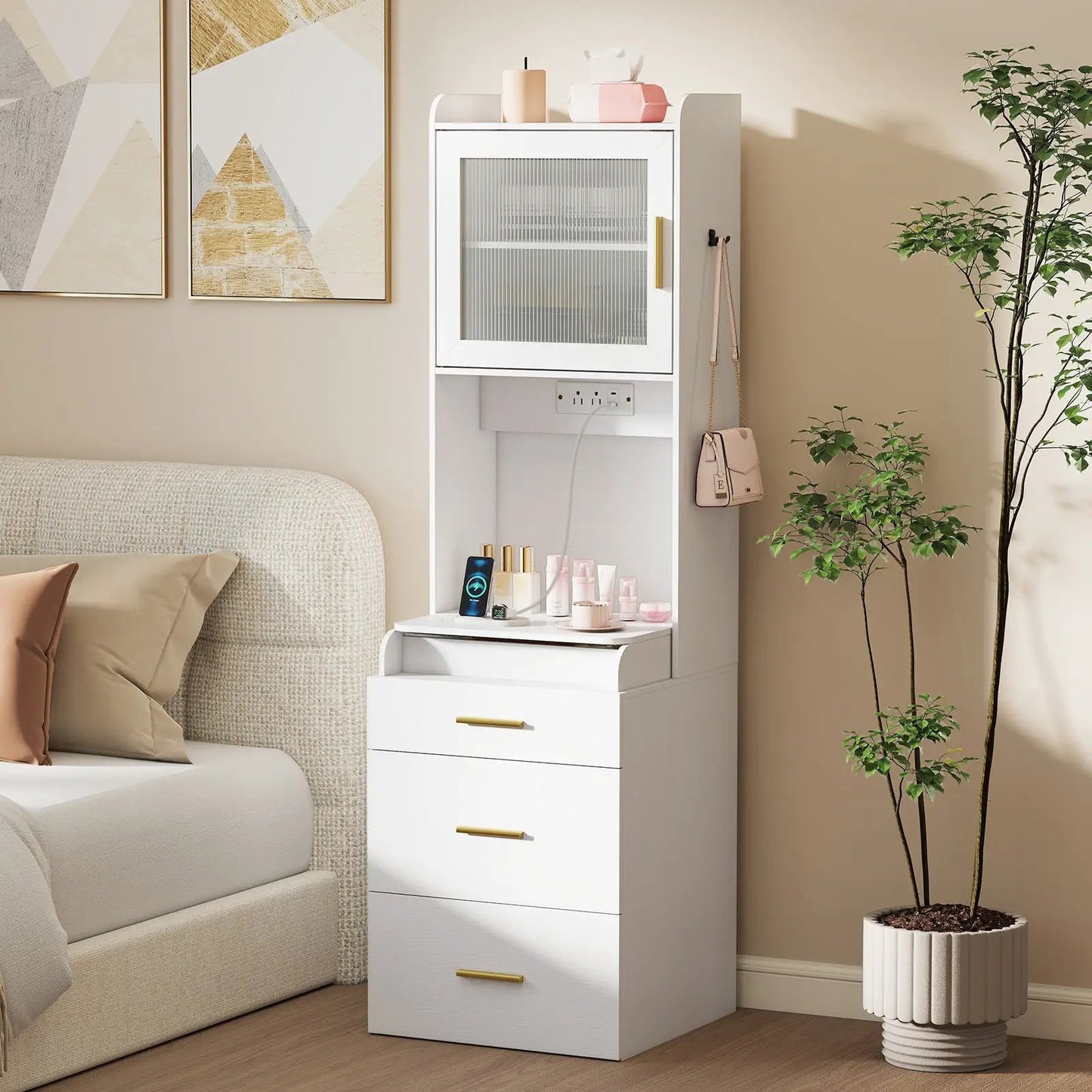 Makeup vanity with power outlets and flip mirror, white finish with gold hardware on Tampa Home & Garden Store