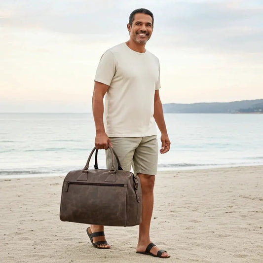 Crazy Horse Leather weekender travel bag in distressed brown with dual handles by MiamiLeathers on Tampa Home & Garden Store