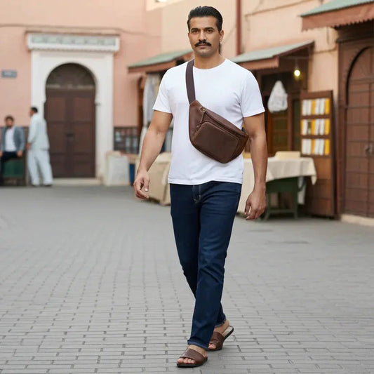 Cambridge Full Grain Leather Waist Pack brown, worn crossbody; MiamiLeathers luggage & bags on Tampa Home & Garden Store