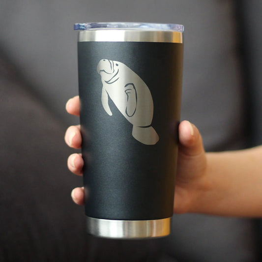 Manatee insulated coffee tumbler with sliding lid, black matte finish, silver manatee logo on Tampa Home & Garden Store