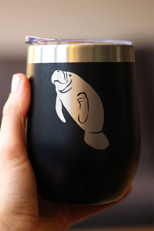Manatee wine tumbler with sliding lid, black matte finish, 12 oz bevvee on Tampa Home & Garden Store