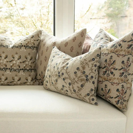 Manda Linen Block Print Throw Pillow Covers set of 4 in natural linen with botanical motifs on Tampa Home & Garden Store