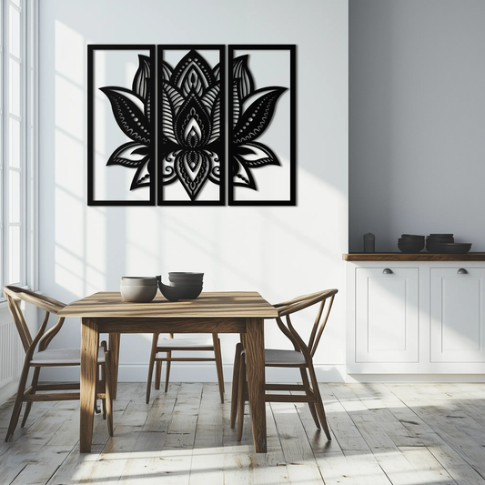 Mandala Lotus Modern Metal Wall Art 3-panel black metal triptych by Enova Art on Tampa Home & Garden Store
