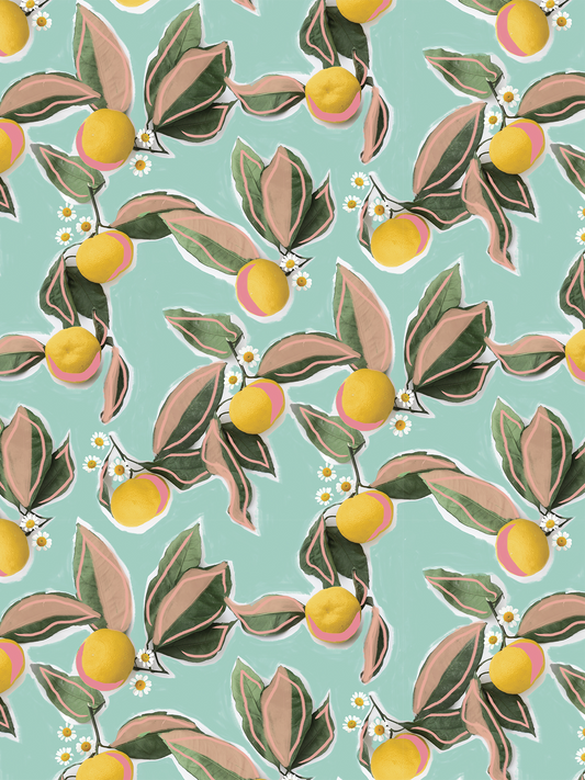 Mandarin Blossom Mint Wallpaper with pink-edged leaves and lemons Samantha Santana Creative on Tampa Home & Garden Store