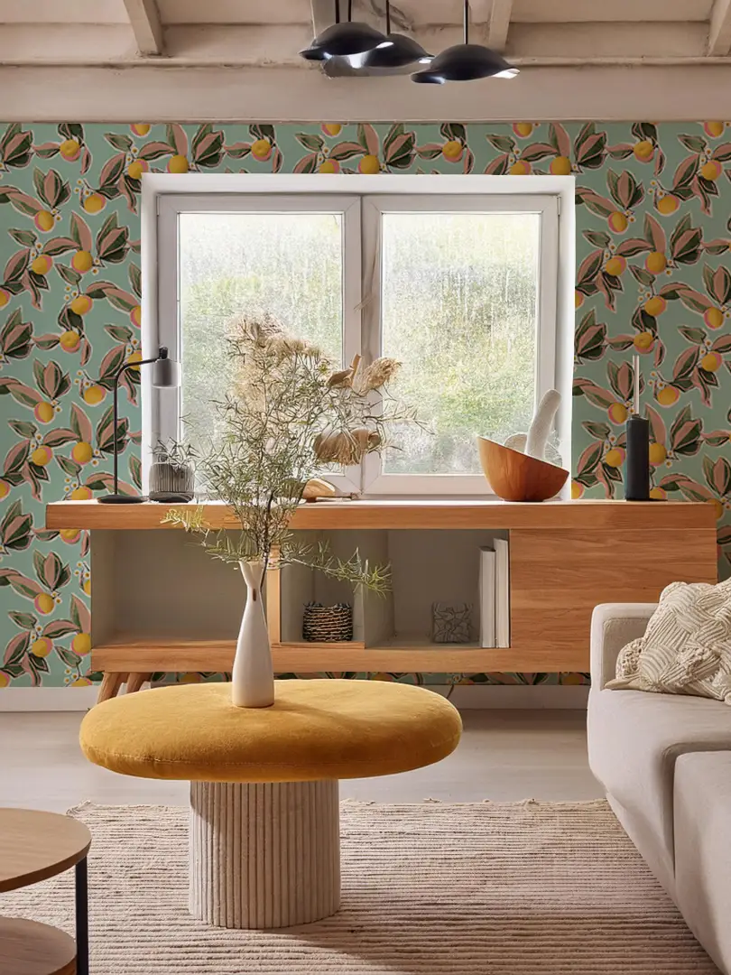 Mandarin Blossom Mint Wallpaper by Samantha Santana Creative, mint green citrus floral motif on Tampa Home & Garden Store