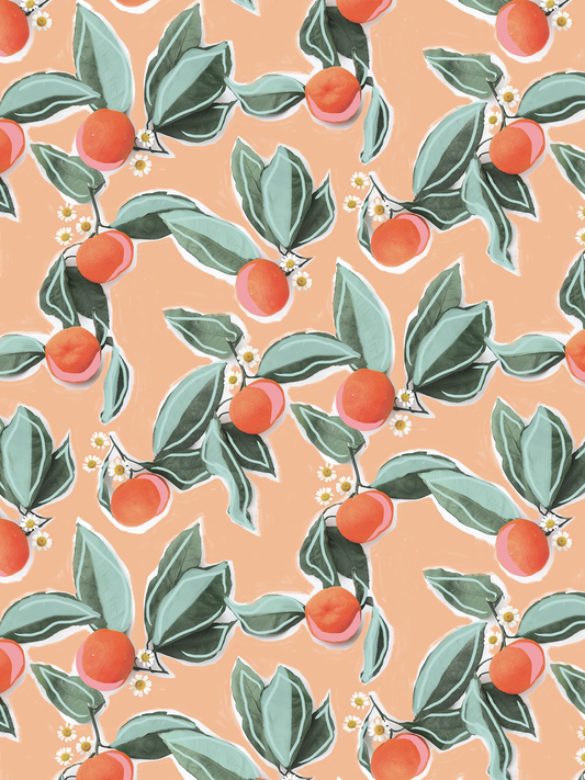 Mandarin Blossom Peach wallpaper peel and stick with peach backdrop and teal leaves on Tampa Home & Garden Store