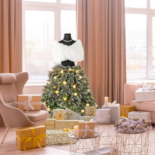 5 ft prelit mannequin tree with 465 tips, white fur cape on dress form, festive living room on Tampa Home & Garden Store