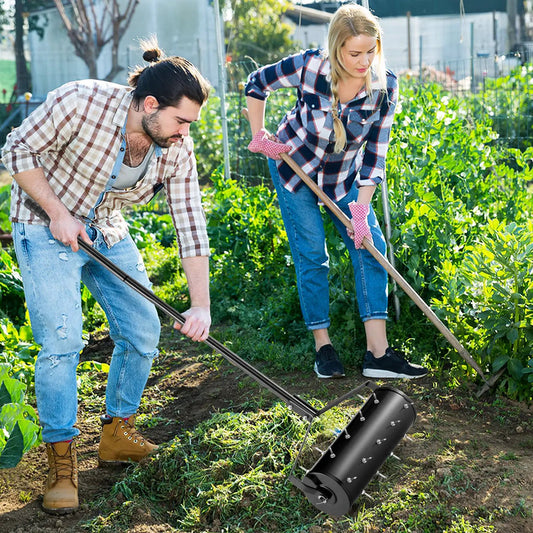 18 Inch manual lawn aerator with removable handle, black steel spikes, DirectDeals lawn tool in use on Tampa Home & Garden Store