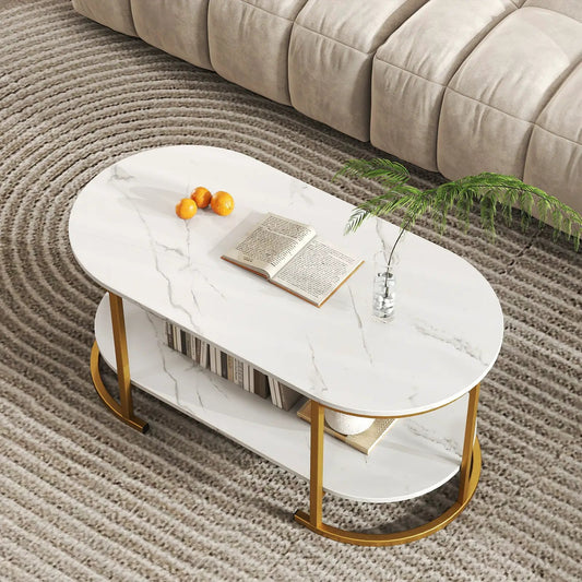 Marble coffee table with open storage shelf and gold metal legs on Tampa Home & Garden Store