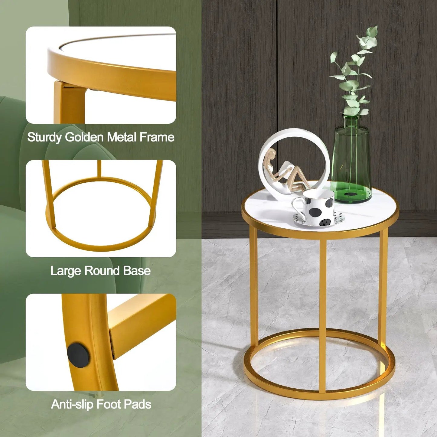 Marble Top Round Side Table 16-Inch with Golden Metal Frame End Table on Tampa Home & Garden Store