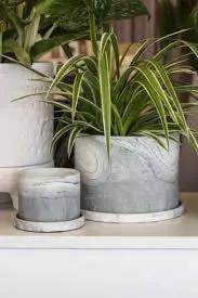 Marengo Pot 5 Inch Nonstick pot set of three in gray marble finish with plant display on Tampa Home & Garden Store