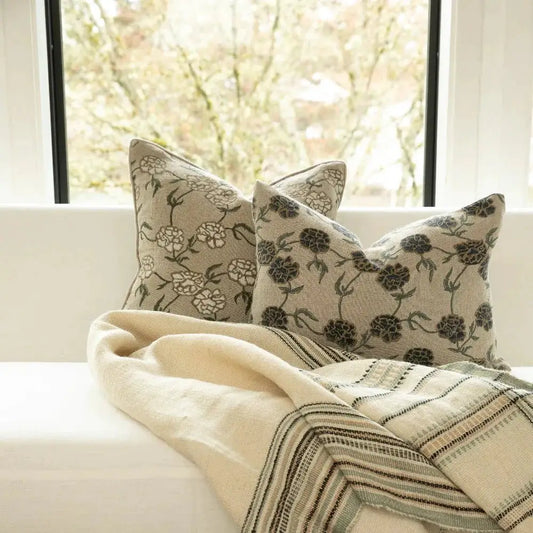 Maria Linen Floral Throw Pillow Cover Indigo, two linen pillows with indigo floral pattern on Tampa Home & Garden Store