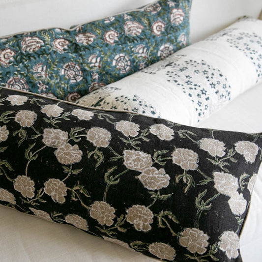 Maria Linen Floral Throw Pillow Cover, Noir - Tampa Home & Garden Store