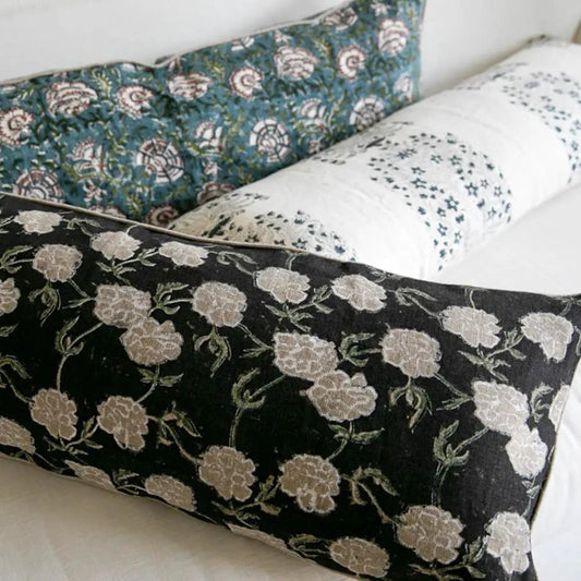 Maria Linen Floral Throw Pillow Cover Noir black linen with beige floral embroidery; set of 3 on Tampa Home & Garden Store