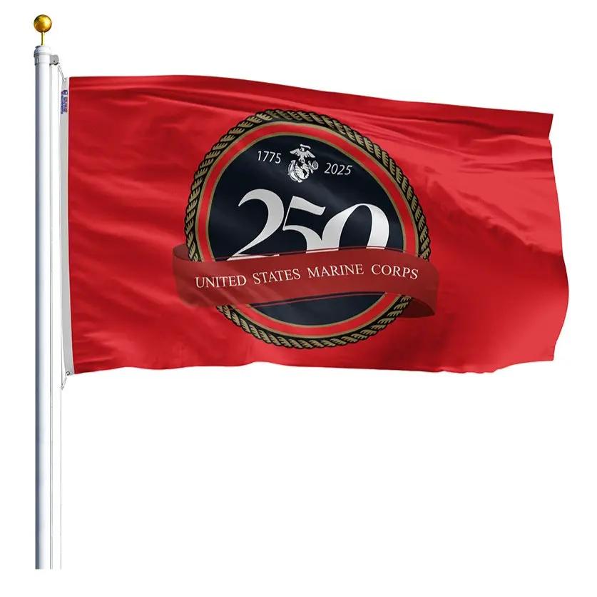 Marine Corps 250th Anniversary flag, red with navy seal, 250 emblem on flagpole on Tampa Home & Garden Store