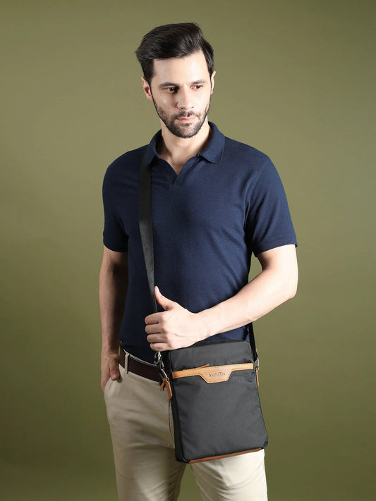 Mark Canvas Side Messenger Bag with Leather dark gray canvas tan leather trim crossbody bag on Tampa Home & Garden Store