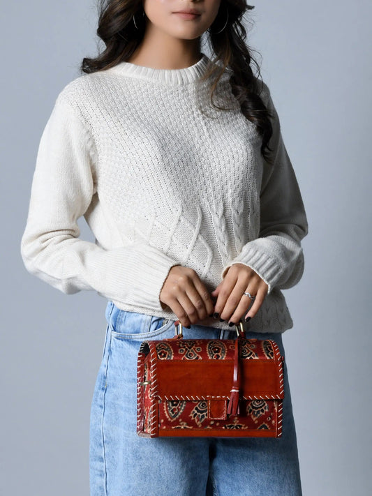 Maroon Mystique Ajrakh Satchel leather handbag with straps Classy Leather Bags on Tampa Home & Garden Store