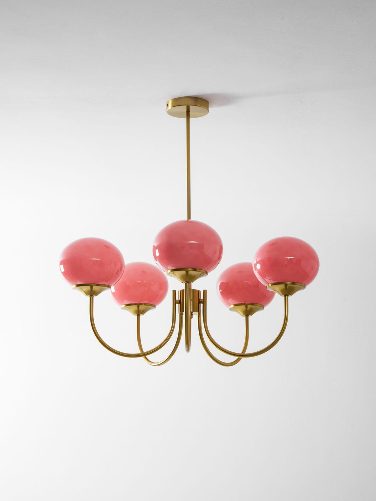 Chandelier Marshmallow by Moktan Sabai with pink hand-sprayed glass bubbles and brass frame on Tampa Home & Garden Store
