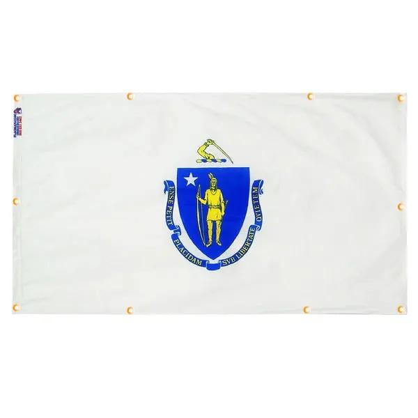 Massachusetts flag with grommets, white field featuring blue seal, Flagman of America on Tampa Home & Garden Store