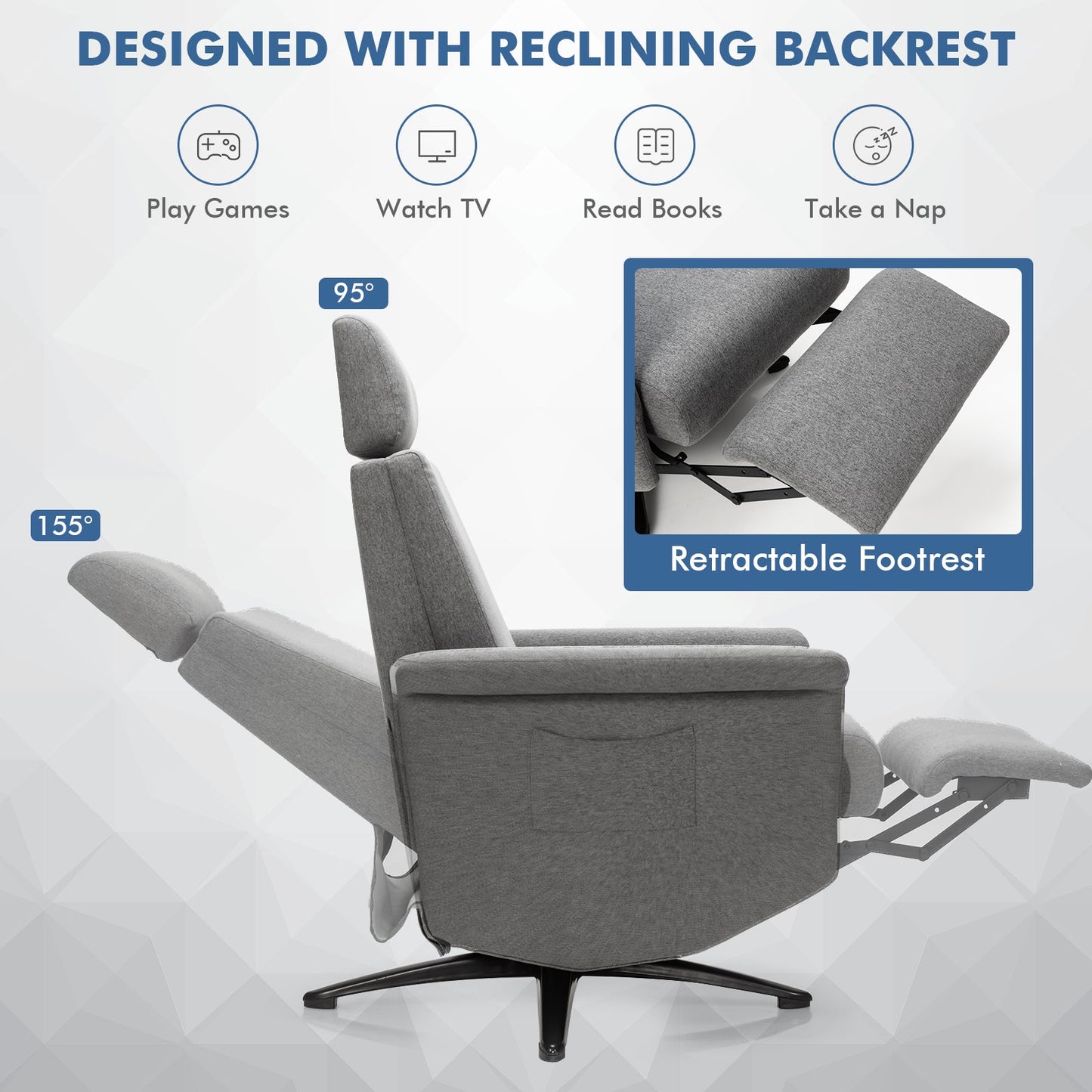 Sillón reclinable de masaje giratorio individual con reposacabezas ajustable - Gris